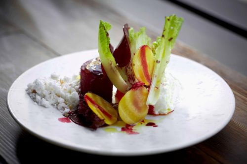 Salt baked beetroot, cheese mousse and almond powder